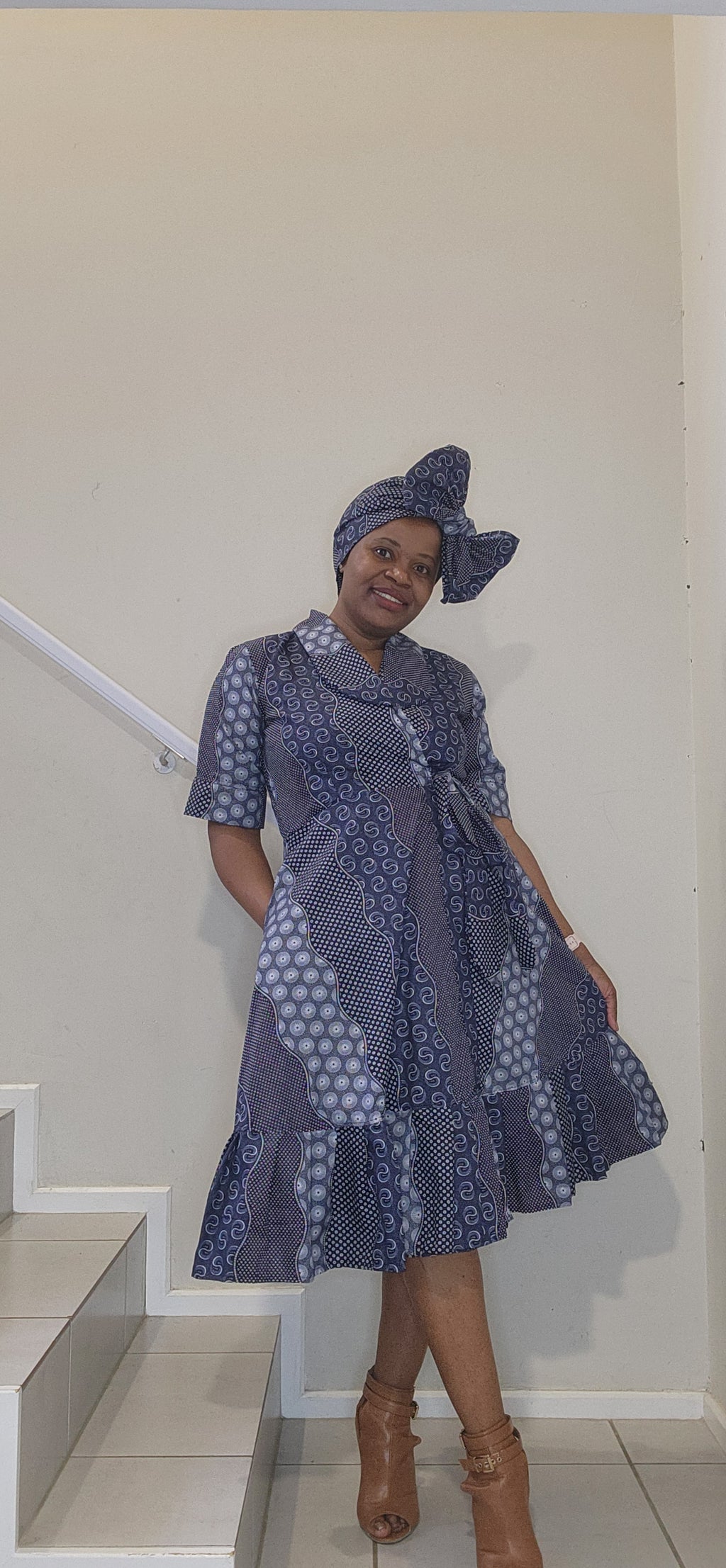 Classic Wrap Dress - Blue Shwe-Shwe Print (Knee Length)