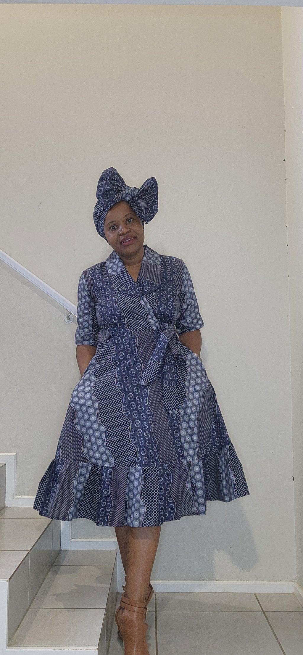 Classic Wrap Dress - Blue Shwe-Shwe Print (Knee Length)