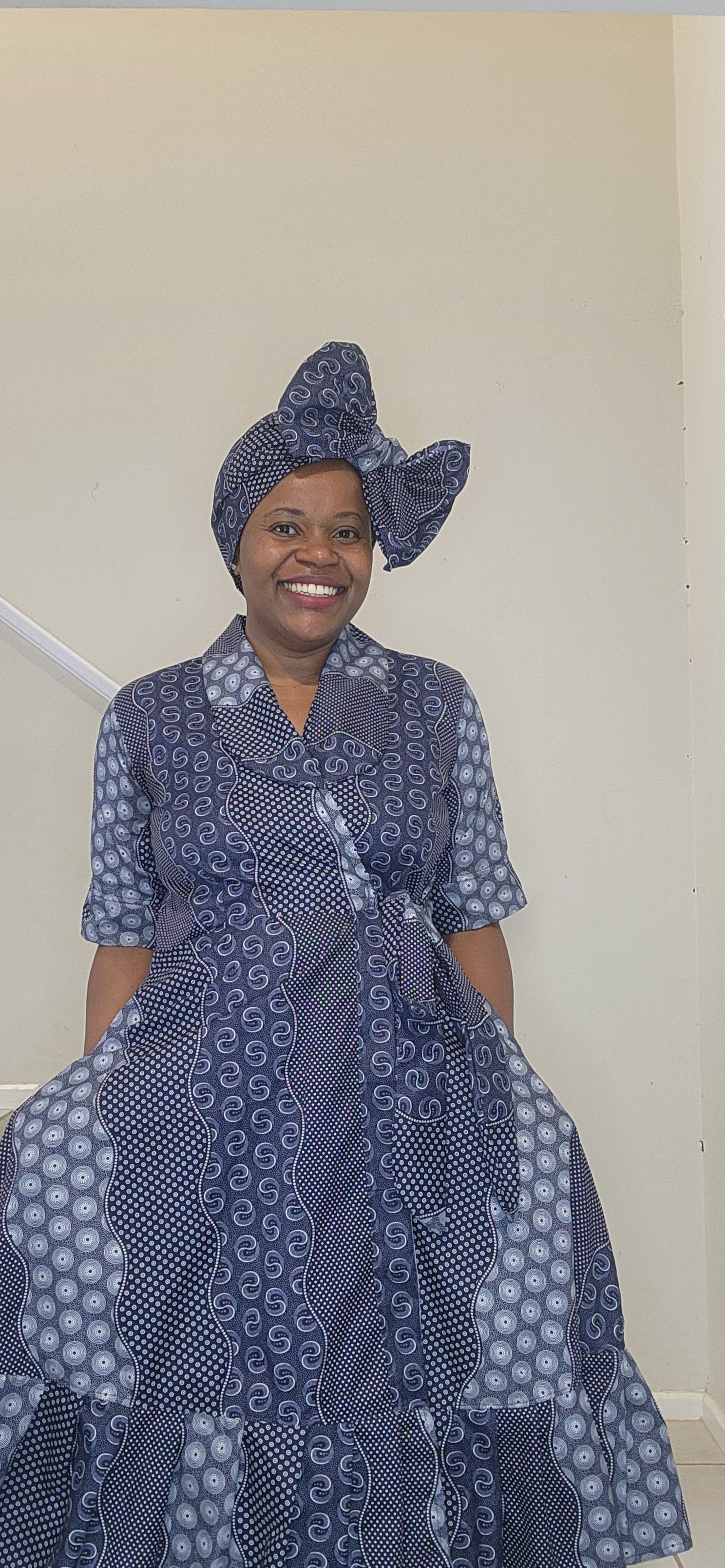 Classic Wrap Dress - Blue Shwe-Shwe Print  - Maxi length