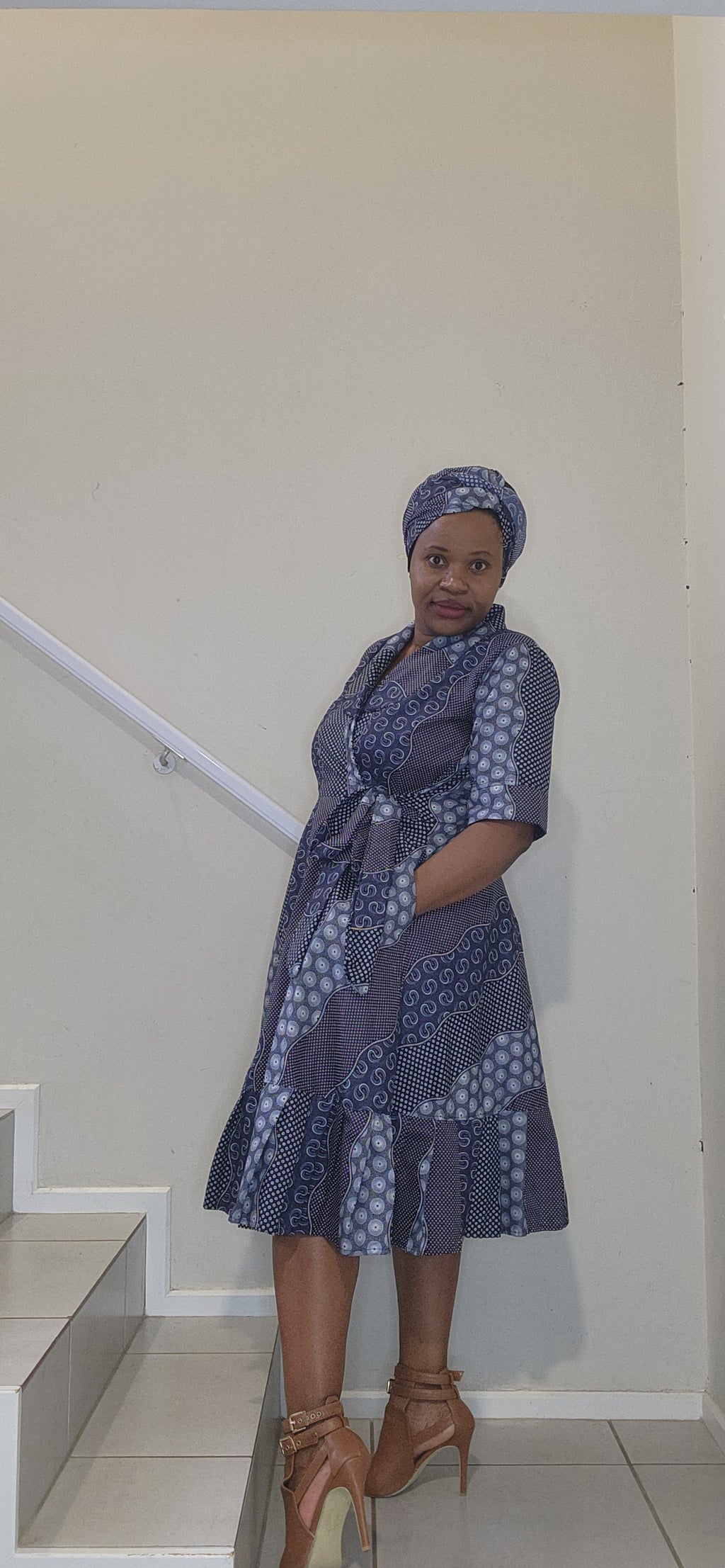 Classic Wrap Dress - Blue Shwe-Shwe Print (Knee Length)