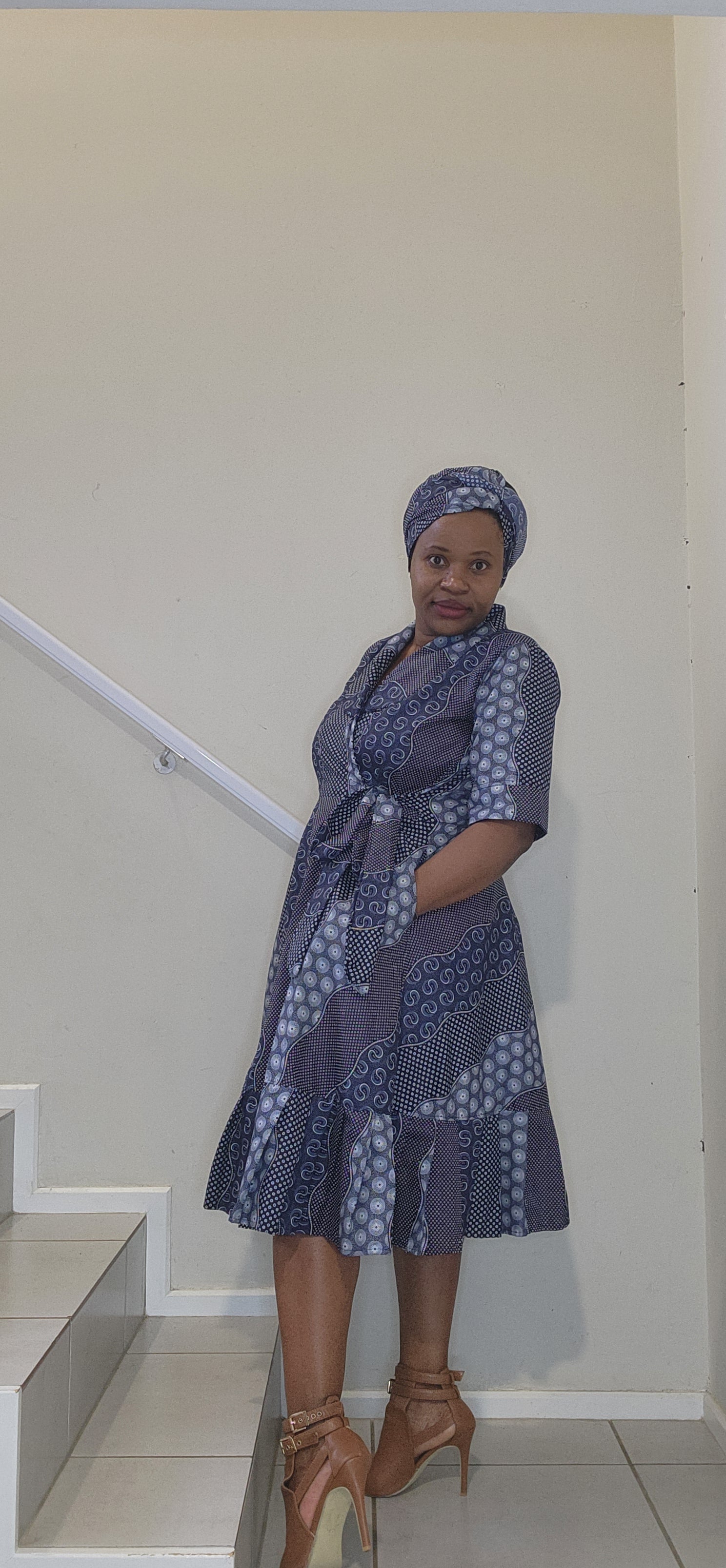 Classic Wrap Dress - Blue Shwe-Shwe Print (Knee Length)