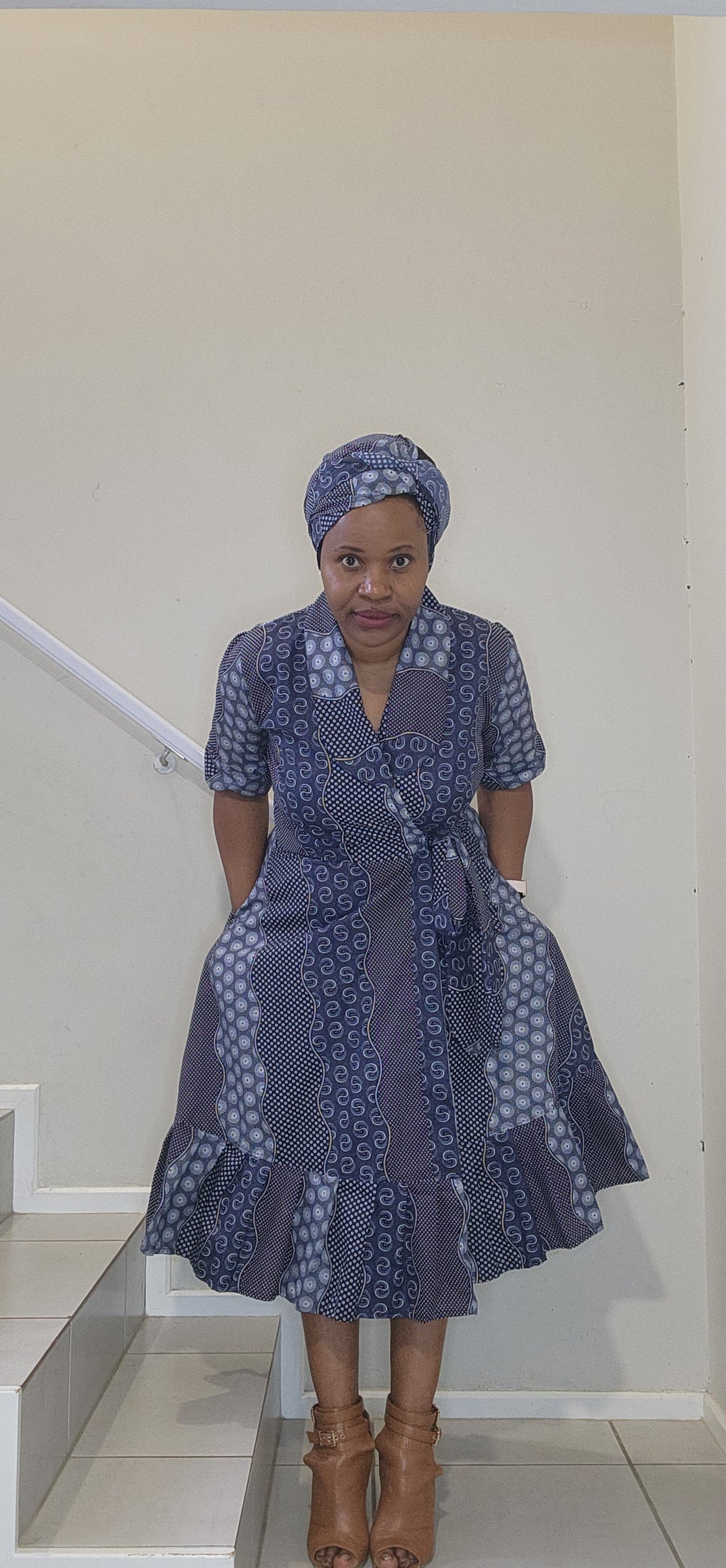 Classic Wrap Dress - Blue Shwe-Shwe Print (Knee Length)