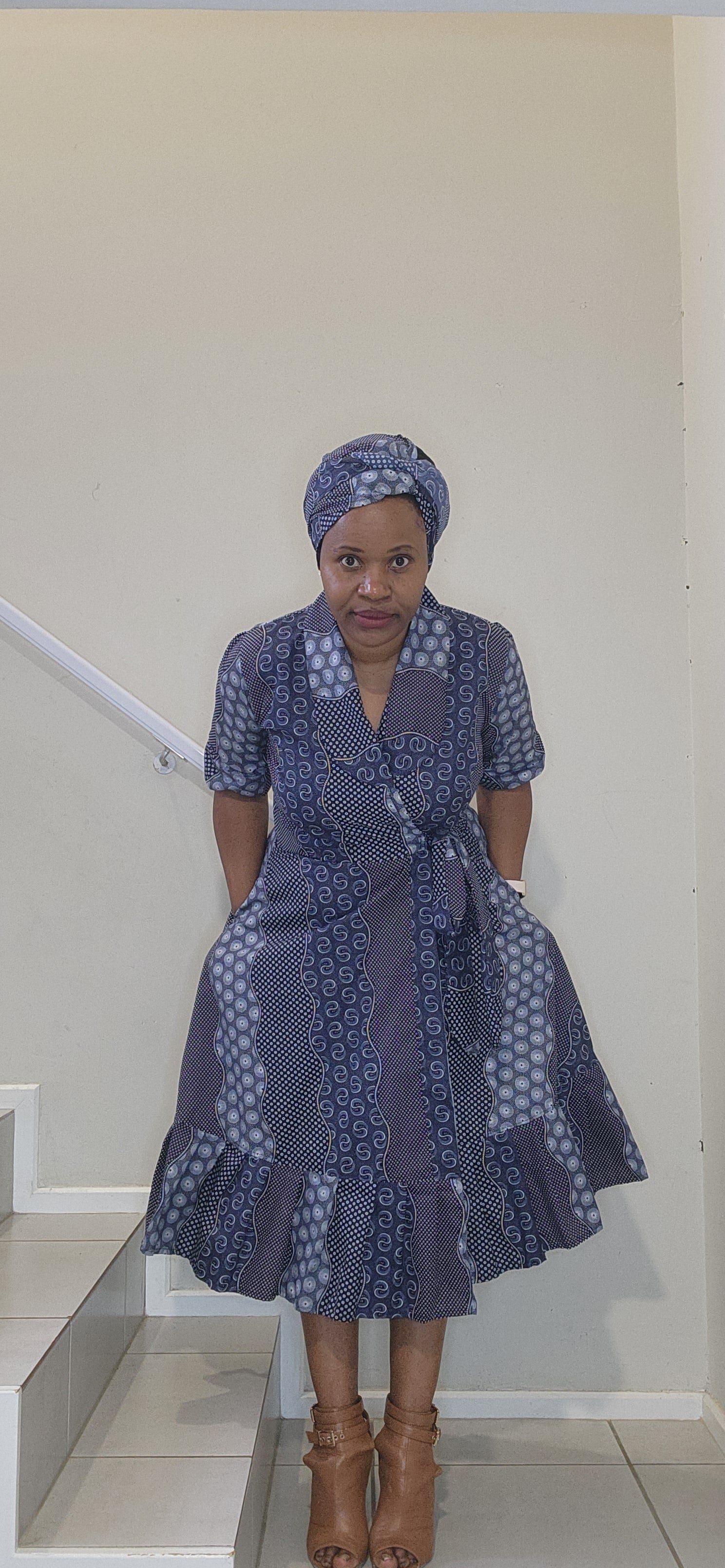 Classic Wrap Dress - Blue Shwe-Shwe Print (Knee Length)