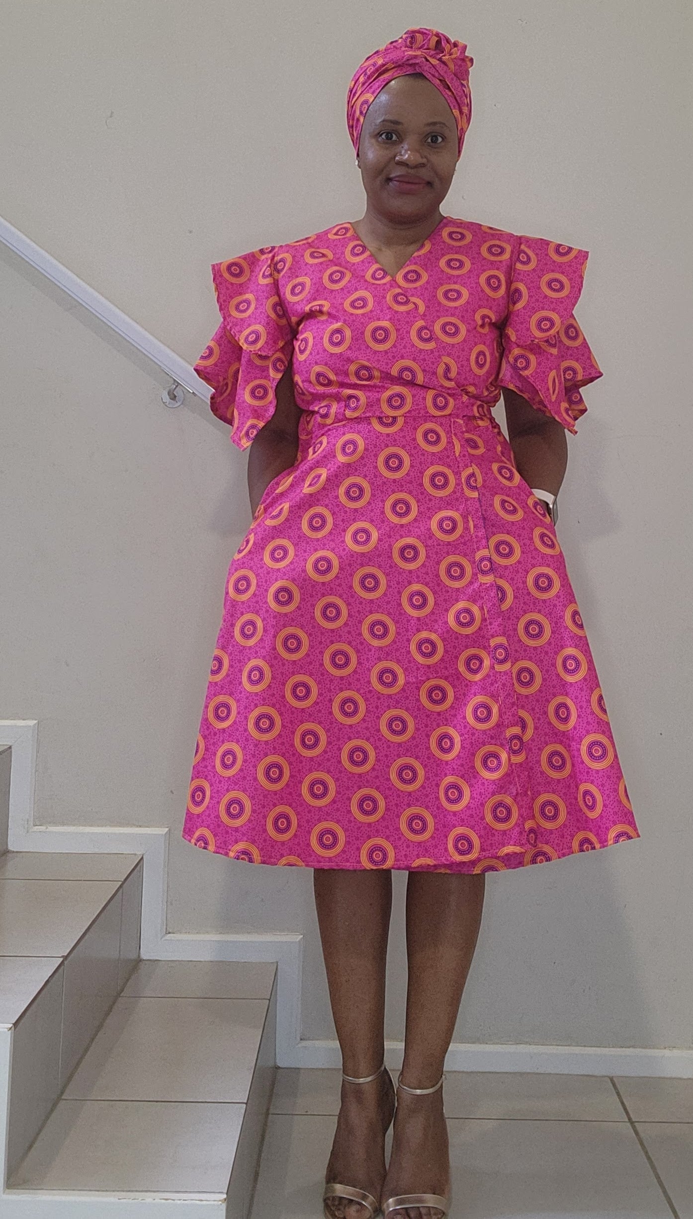 Frills Wrap Dress - Pink Shwe-Shwe Print (Knee length)