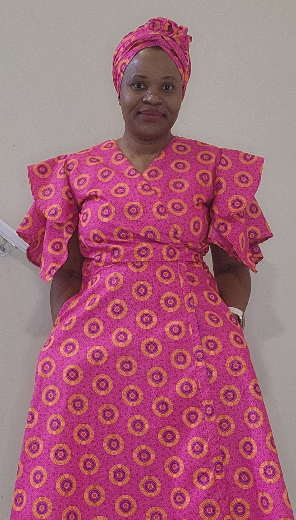 Frills Wrap Dress - Pink Shwe-Shwe Print - Maxi (floor length)