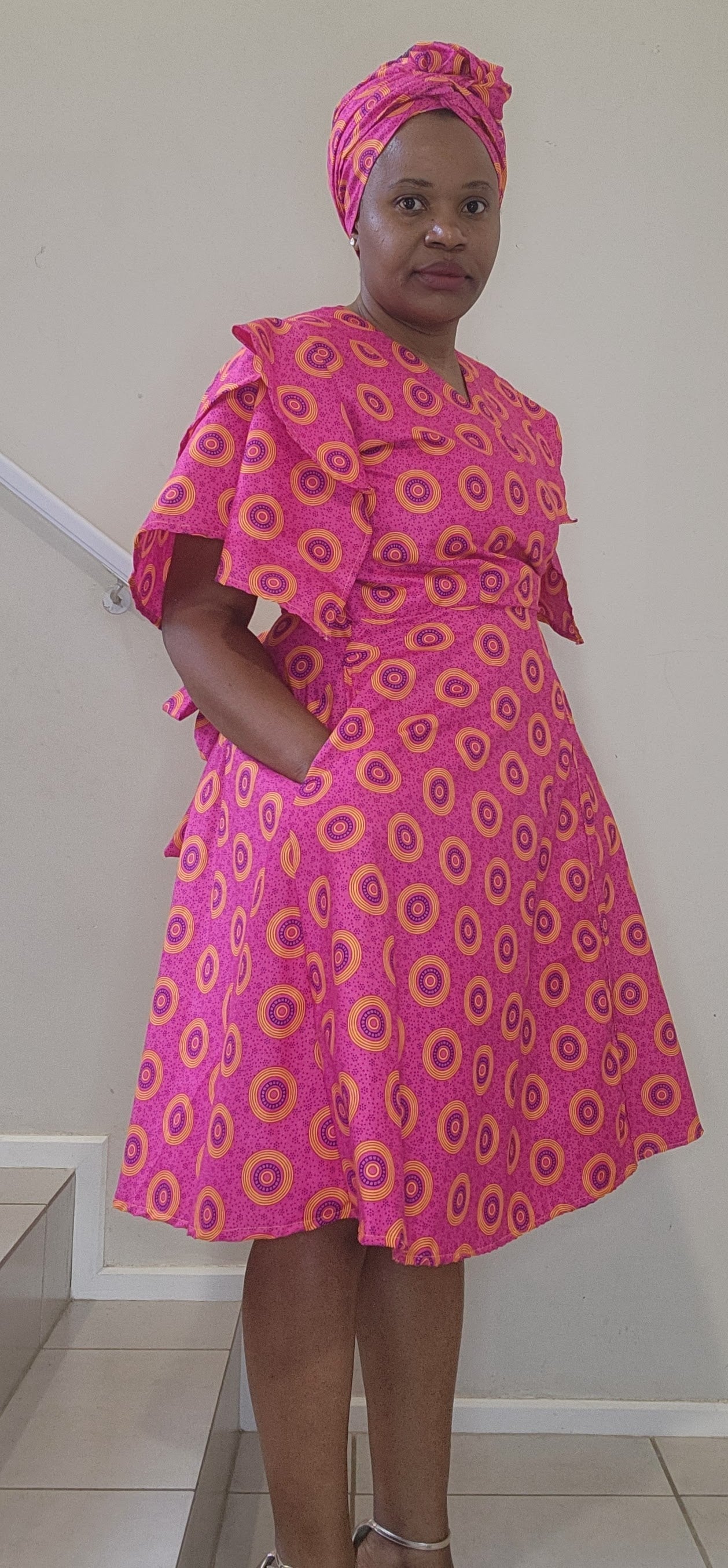 Frills Wrap Dress - Pink Shwe-Shwe Print (Knee length)