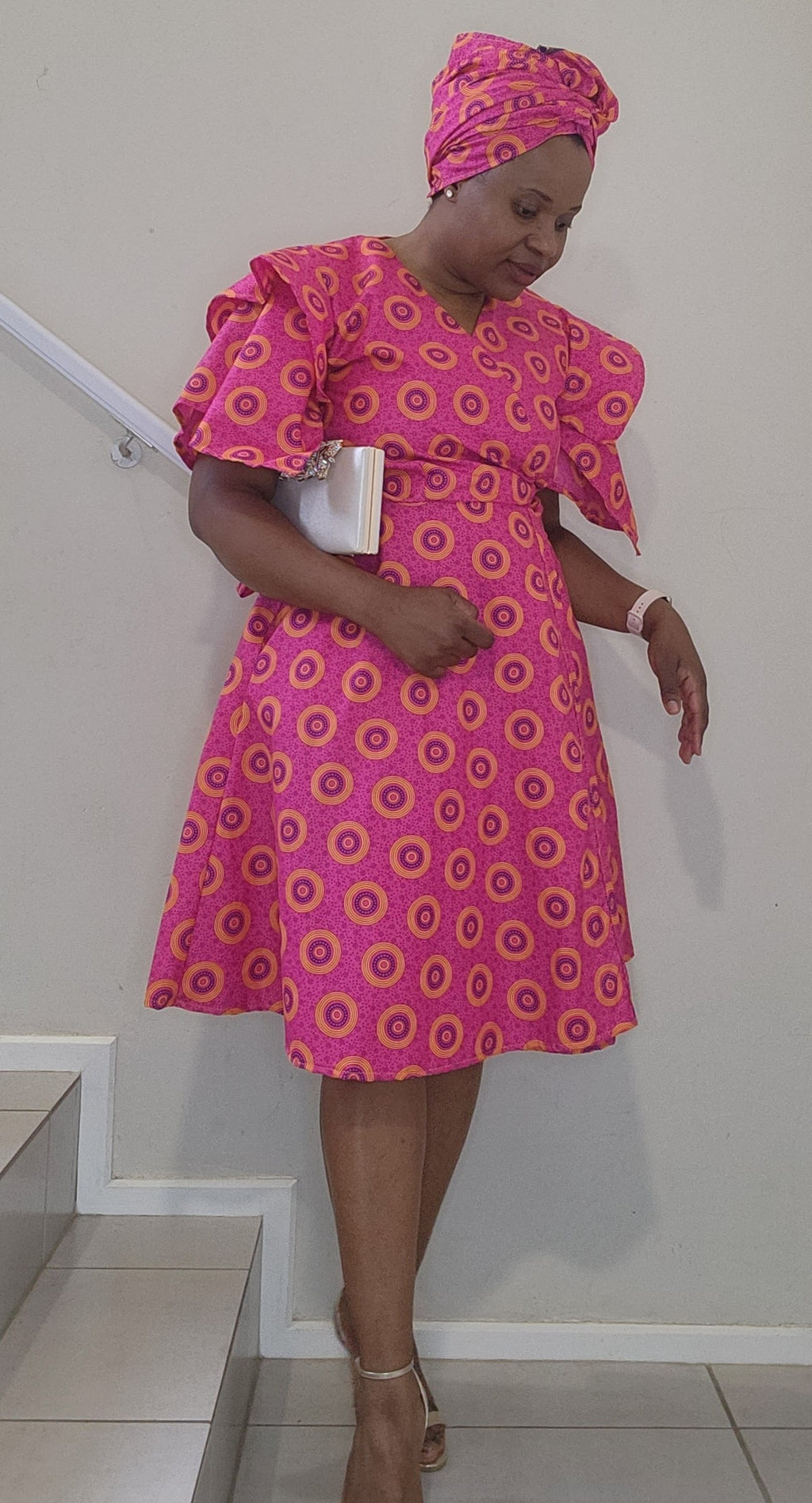 Frills Wrap Dress - Pink Shwe-Shwe Print (Knee length)