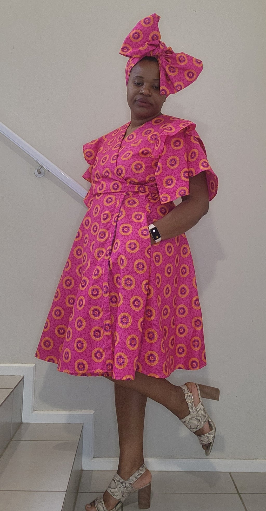 Frills Wrap Dress - Pink Shwe-Shwe Print (Knee length)